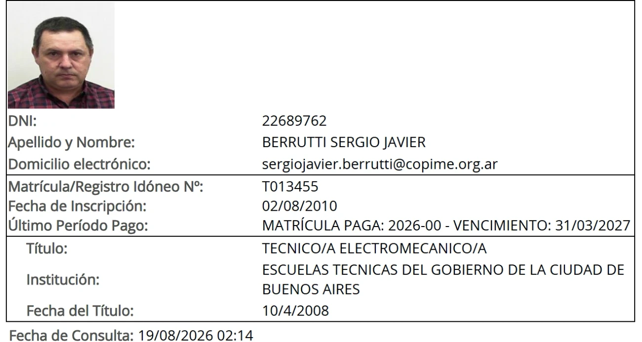 Constancia oficial de consulta COPIME - Sergio Javier Berrutti